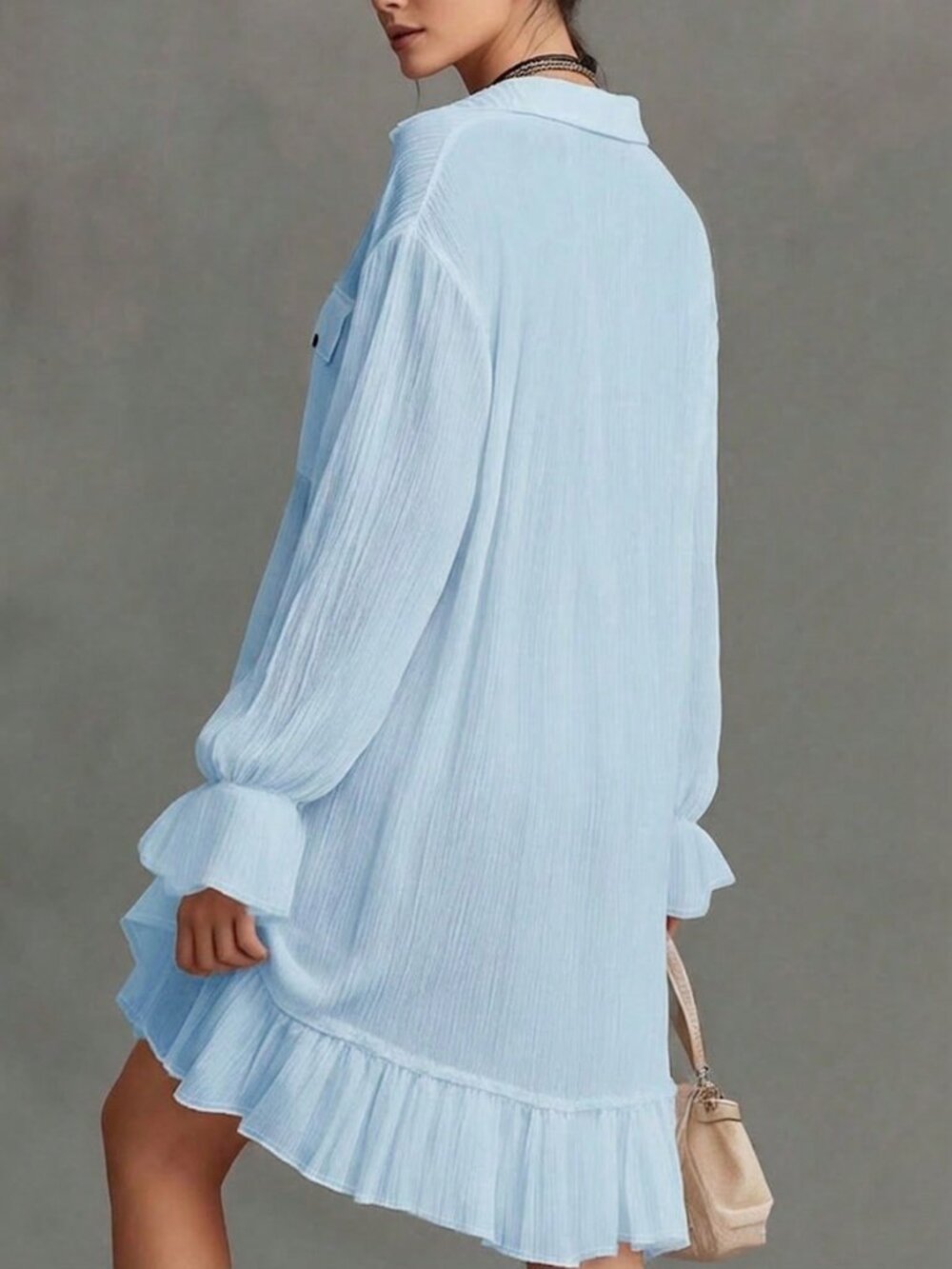 Baby Blue Casual Women's Button Dropped Shoulder Long Sleeve Ruffle Hem Dress - Picture 2 of 4
